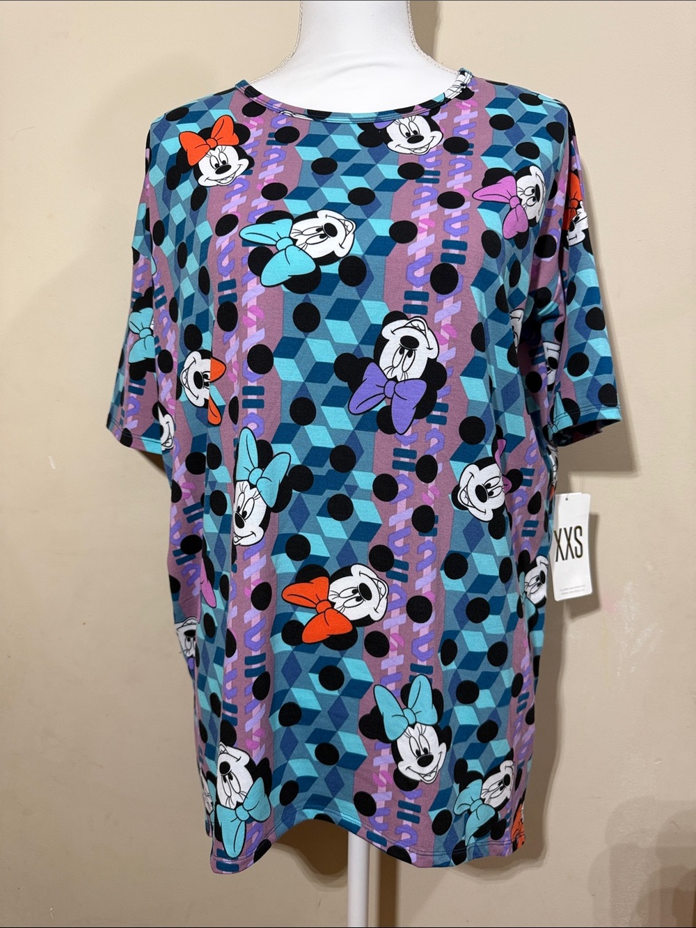 LuLaRoe Minnie Mouse Bow Print Tunic in Blue, Purple & Teal